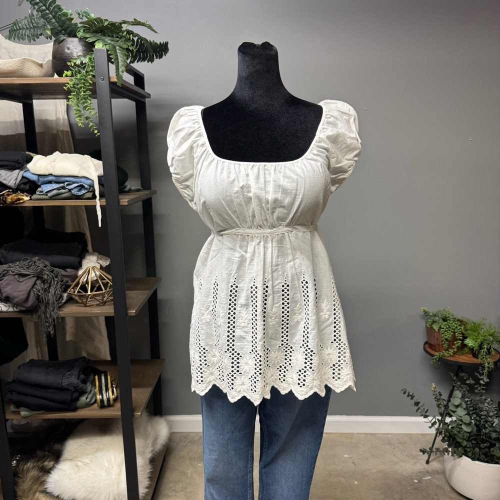 Max Studio MSSP white eyelet lace puff sleeve blouse top womens medium cotton